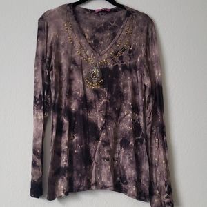 Long Sleeve Embellished Acid Wash TShirt